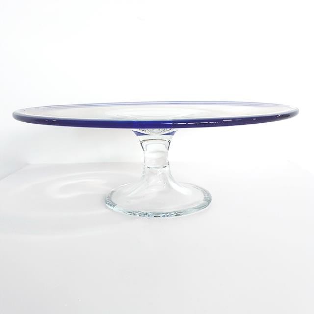 CAKE STAND-Plain Glass w/Blue Trim on Edge