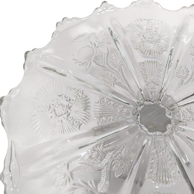 CAKE STAND-Cut Glass Floral Decor w/Scalloped Edge