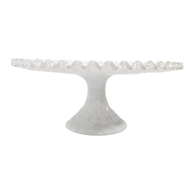 CAKE STAND-Vintage White Milk Glass w/Scrolled Edge