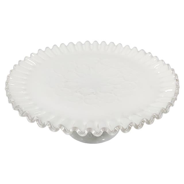 CAKE STAND-Vintage White Milk Glass w/Scrolled Edge