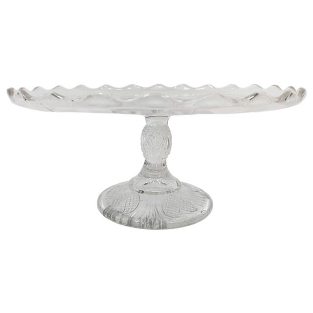 CAKE STAND-Cut Glass w/Scalloped Raised Edge & Hearts in Pedestal