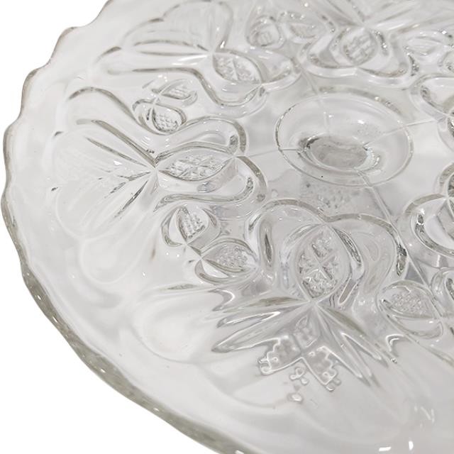 CAKE STAND-Cut Glass w/Scalloped Raised Edge & Hearts in Pedestal