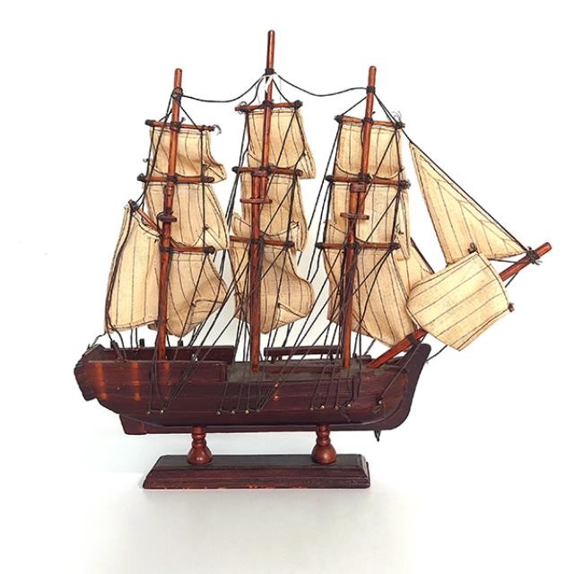 SHIP MODEL-Small Cherrywood w/Striped Beige Sails