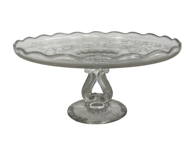 CAKE STAND-Glass w/Etched Filigree Decor & Scalloped Edge