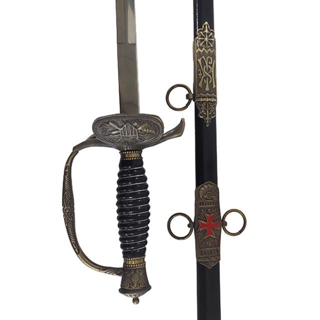 SWORD-Stainless Steel Blade w/Black Handle & Black/Brass Sheath