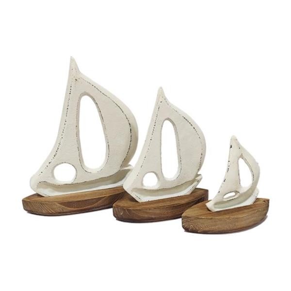 FIGURINE-Large White Metal Sailboat w/Wooden Base