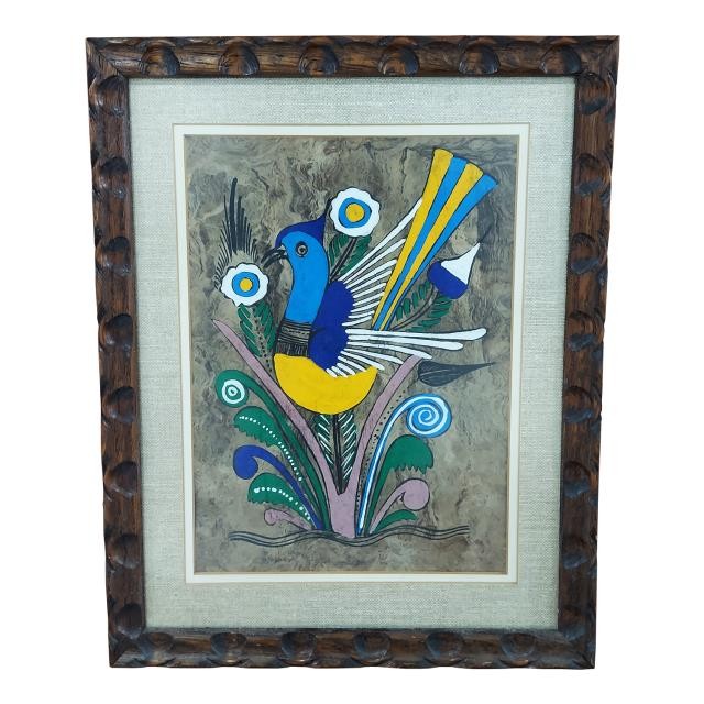 PAINTING-Blue & Gold Bird in Wood Scalloped Frame