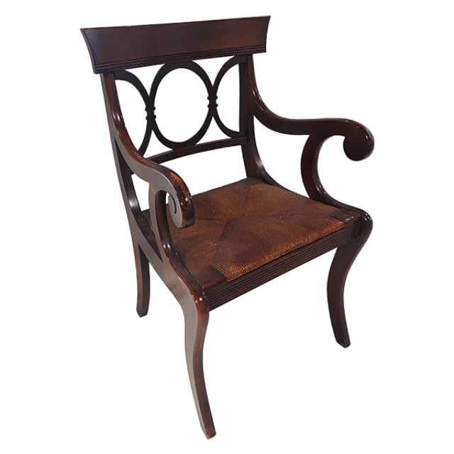 ARM CHAIR-Wooden Regency Chair w/Circle Cutouts & Woven Seat