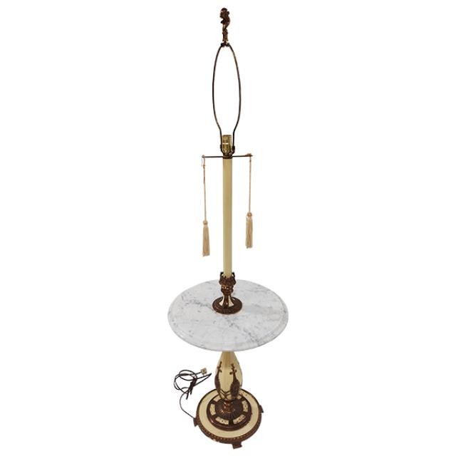 FLOOR LAMP-Antique Floor Lamp w/Marble Table Top & Brass Accents