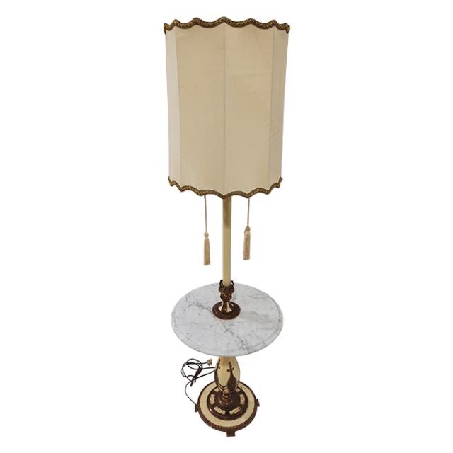 FLOOR LAMP-Antique Floor Lamp w/Marble Table Top & Brass Accents