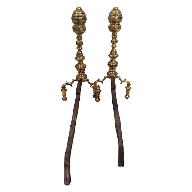 ANDIRONS-Antique Brass 19th Century Andirons (Pair)