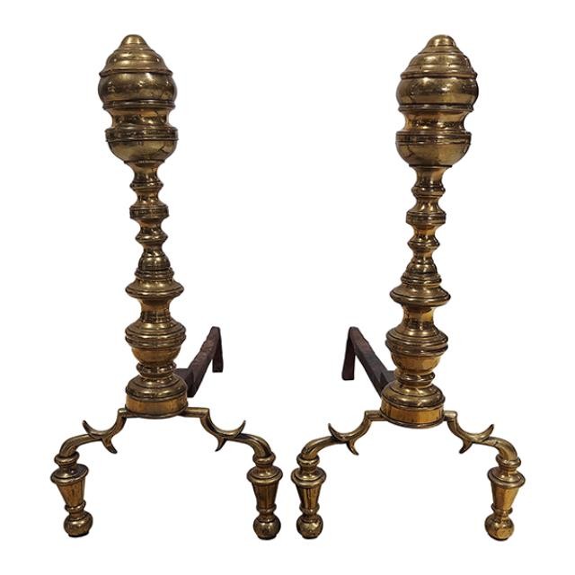 ANDIRONS-Antique Brass 19th Century Andirons (Pair)