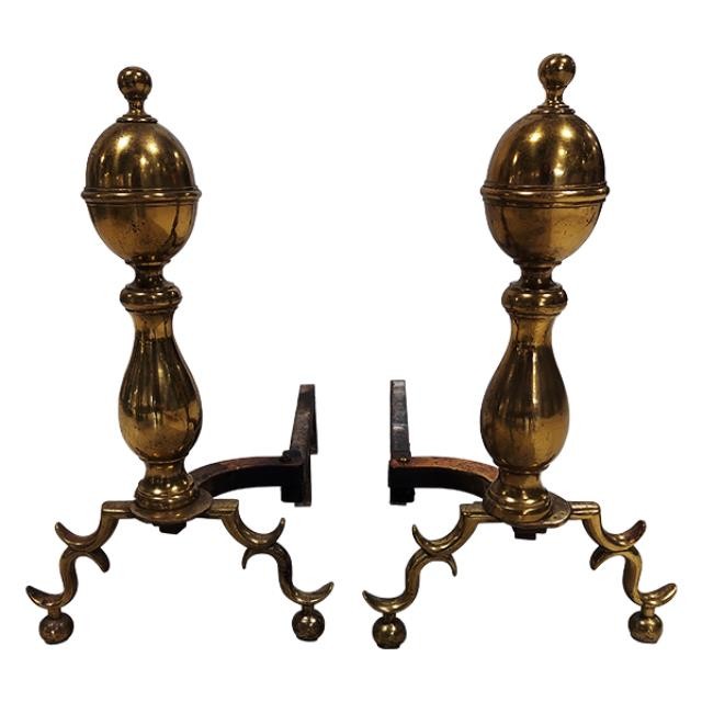 ANDIRONS-Antique American Federal Brass Style Andirons w/Finials (Pair)