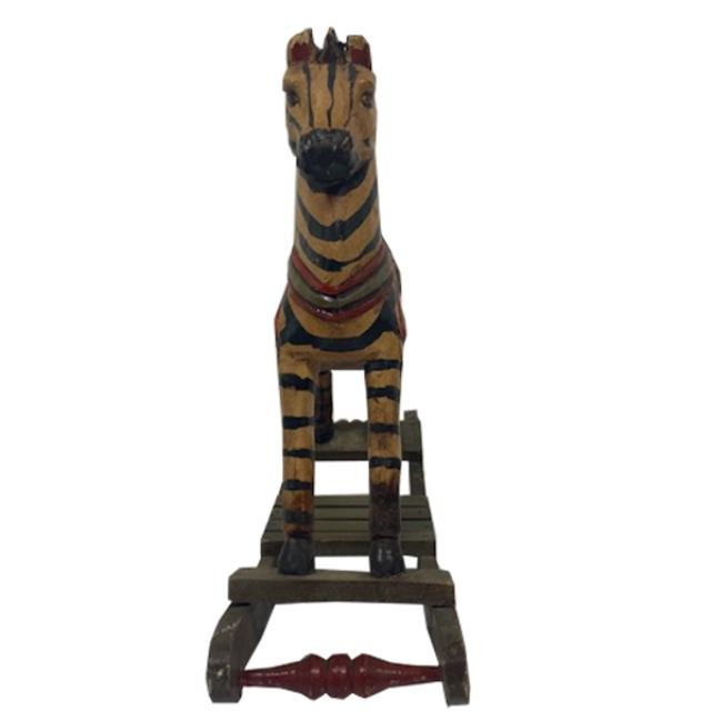 FIGURINE-Wood Carved Zebra Rocking Horse