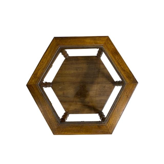 SIDE TABLE-Mid 20th Century Walnut Hexagonal Plexi Top Accent Table