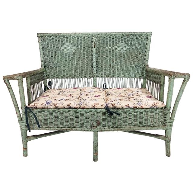 LOVESEAT-Distressed Green Wicker W/Removable Floral Cushion