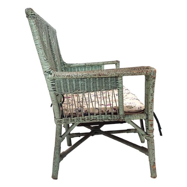 LOVESEAT-Distressed Green Wicker W/Removable Floral Cushion