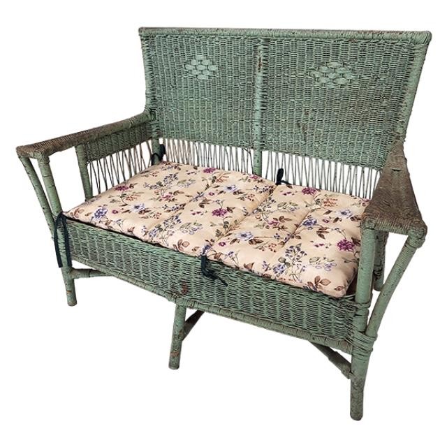 LOVESEAT-Distressed Green Wicker W/Removable Floral Cushion