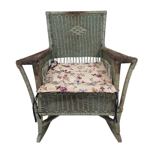 ROCKING CHAIR-Distressed Green Wicker W/Removable Floral Cusion