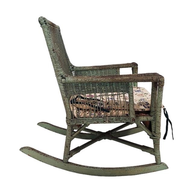 ROCKING CHAIR-Distressed Green Wicker W/Removable Floral Cusion