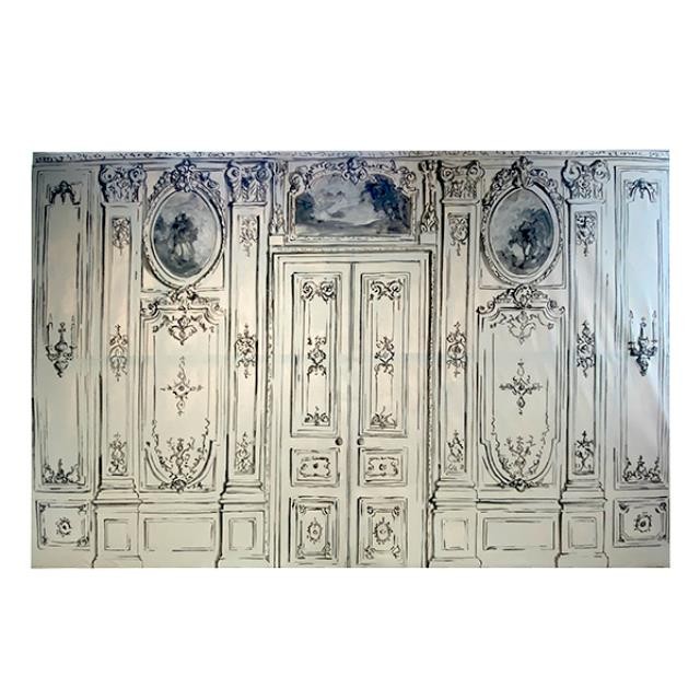 SCREEN-Faux Victorian Intricate Mansion Wall-Center Doors w/2 Mirrors