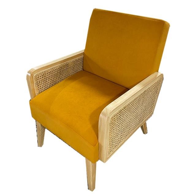 ARM CHAIR-Upholstered Back & Seat W/Blonde Wood |Caned Arm