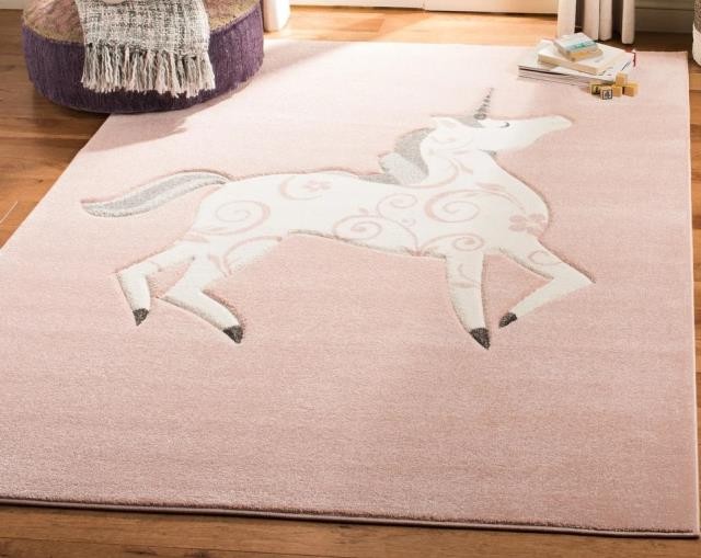 RUG-(6'7"x 9')|Prancing Unicorn| Pink Background