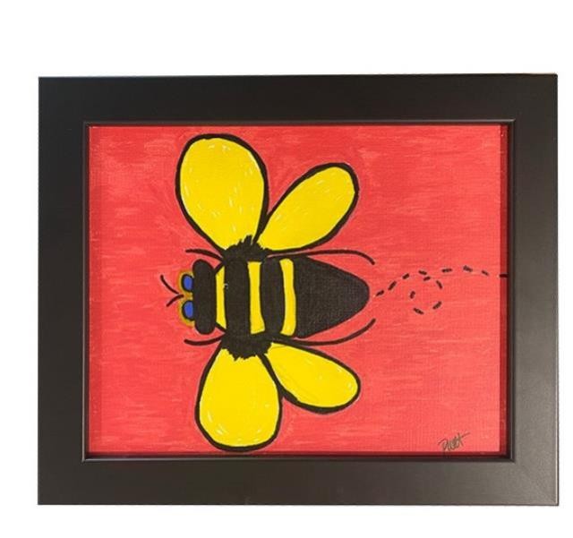 PAINTING-Be Happy |Bee |Red Background |Black Frame