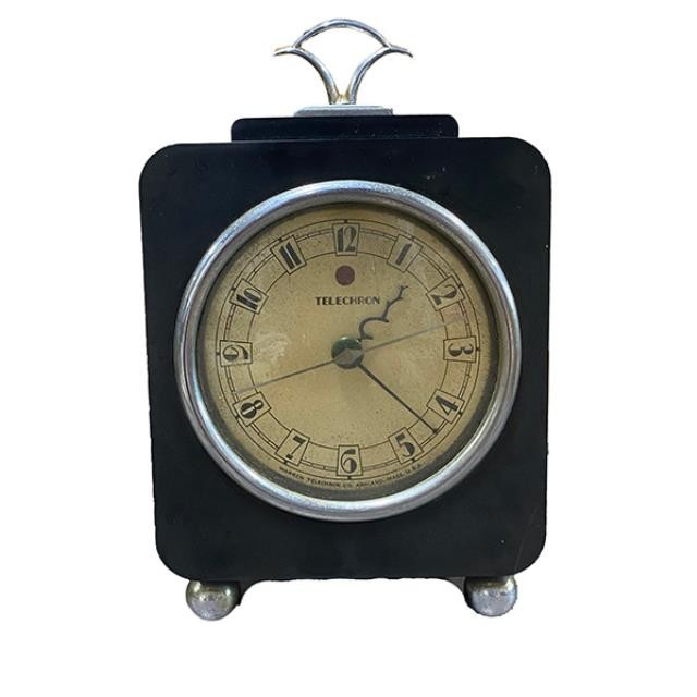 CLOCK-Vintage Black Telechron w/Raised Chrome Finial