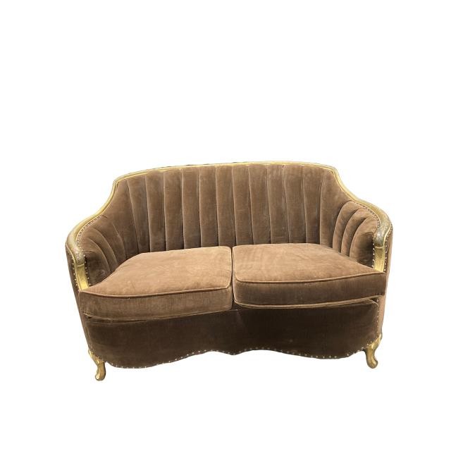 LOVESEAT-Art Nouveau Brown Channel Back w/Gold Accents & Nailheads