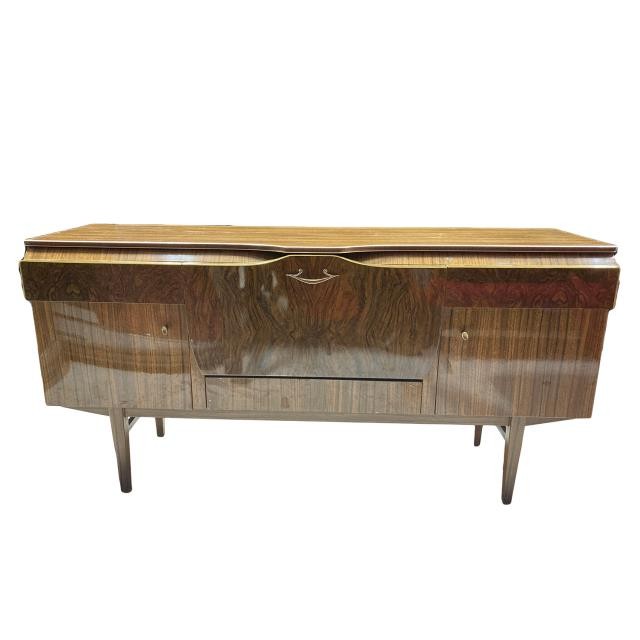 SIDEBOARD-Glossy Walnut Laminate w/Brass Pulls