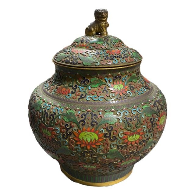 GINGER JAR-Multi-Colored Longevity Pattern w/Lotus Flowers w/Lid