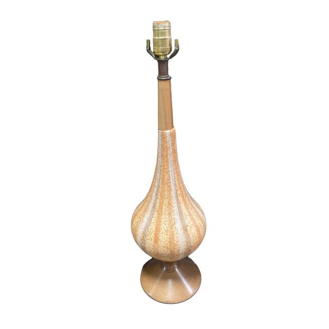 TABLE LAMP-Modern Tear Drop Shaped Lamp w|Beige/Tan/Coral Vertical Stripes