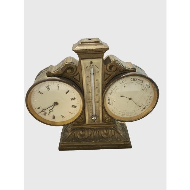 CLOCK-Brass Thermometer & Barometer With Clock