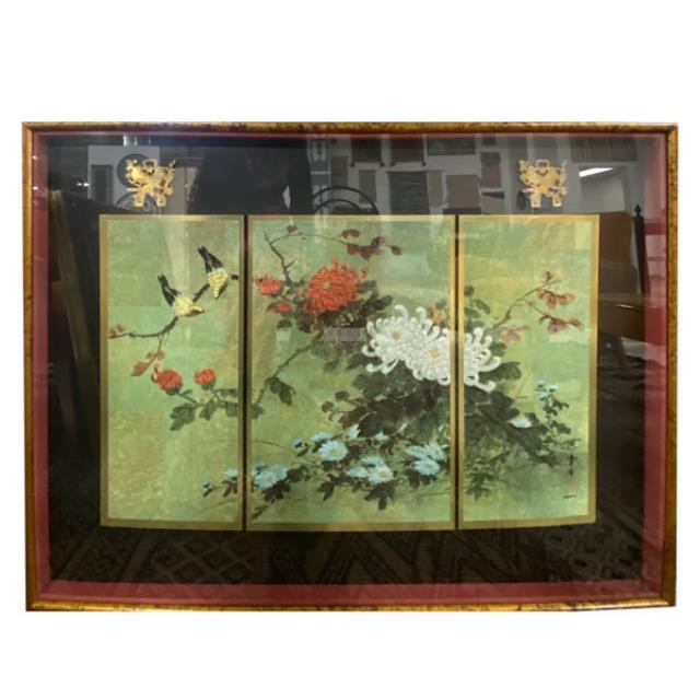 FRAMED ASIAN SCREEN-Floral |Two Birds |Gold Border