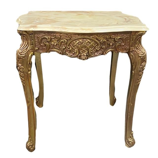 SIDE TABLE-Vintage Mable Top w/Carved Gold Baroque Base