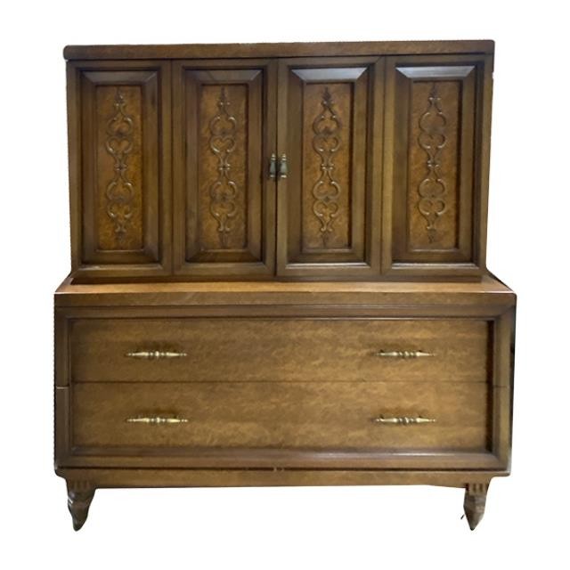 DRESSER-Tallboy Chest Veneer Wood w/Vertical Scroll Detail