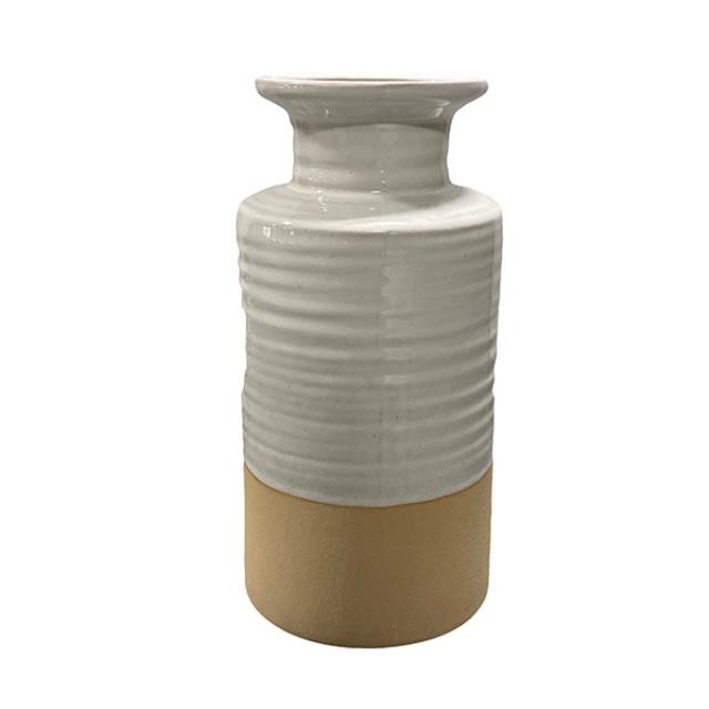 VASE-Tall Ivory/Tan Ribbed Stoneware