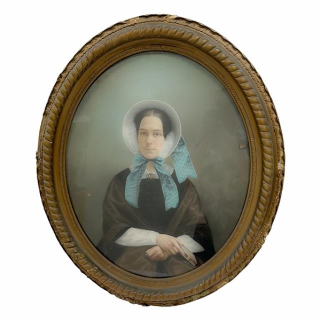 PORTRAIT-Vintage Gold Frame of Woman w/Hat & Blue Ribbons