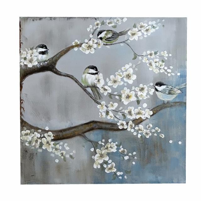 PAINTING-White Flowers w/(4) Sparrows on Branches