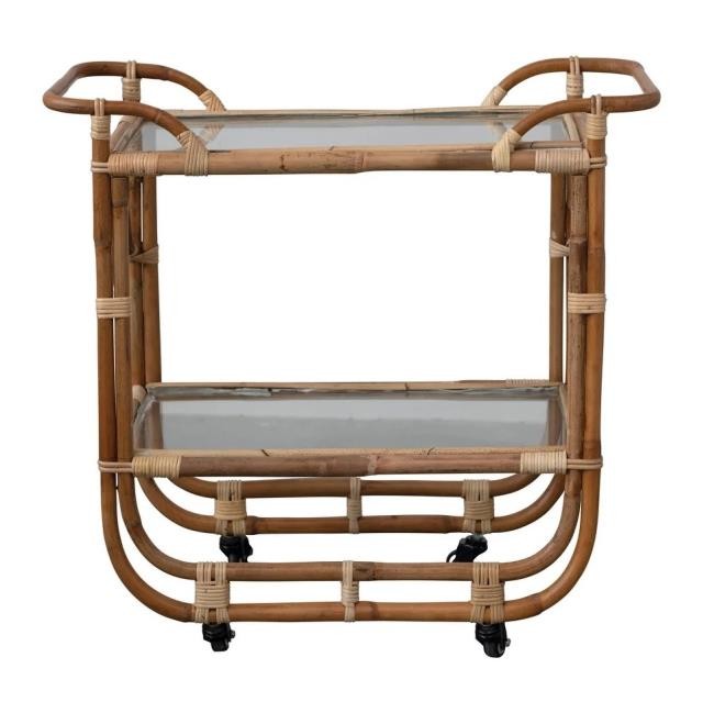 BAR CART-Rattan 2-Tier | On Casters With Glass Top & Shelf