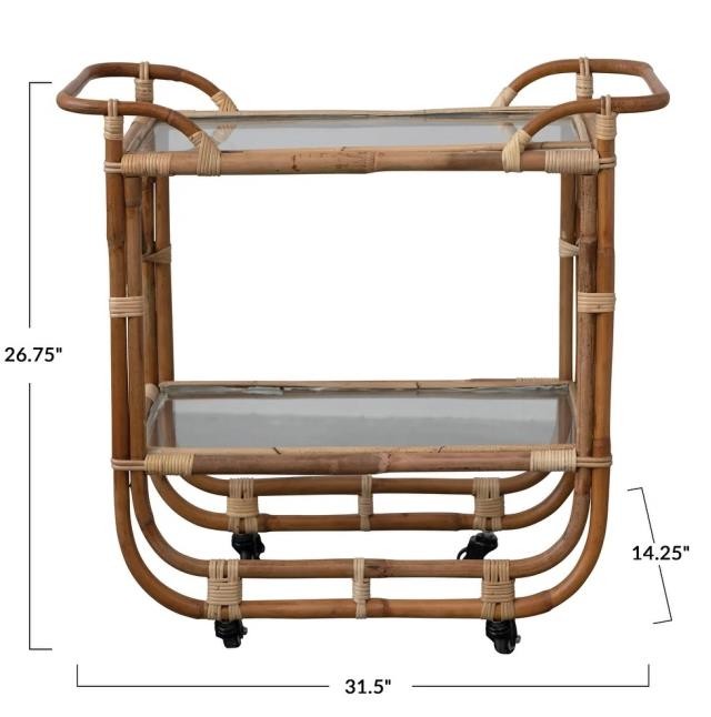 BAR CART-Rattan 2-Tier | On Casters With Glass Top & Shelf