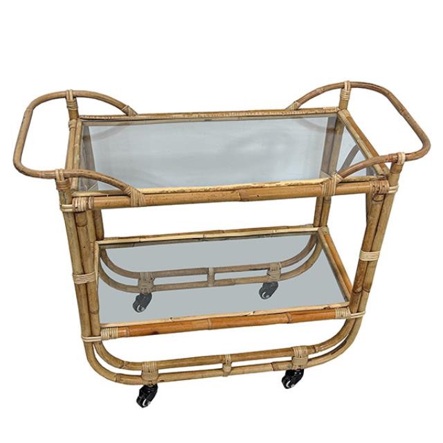 BAR CART-Rattan 2-Tier | On Casters With Glass Top & Shelf