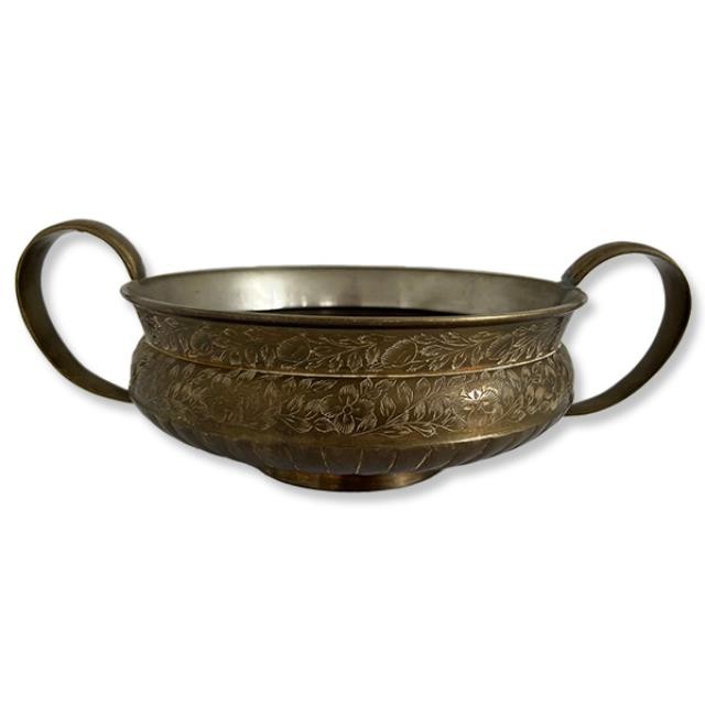 DECORATIVE BOWL-Brass Bowl w/2 Handles & Engraved Leaves & Flowers