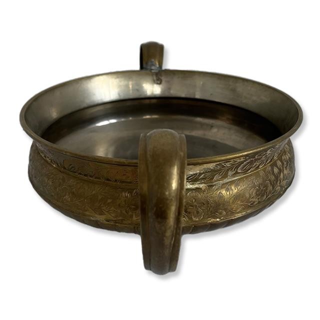 DECORATIVE BOWL-Brass Bowl w/2 Handles & Engraved Leaves & Flowers