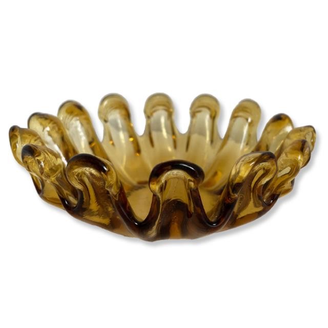 DECORATIVE BOWL-Amber Art Glass Bowl w/Scalloped Edges