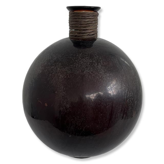 VASE-Black Shiny Glass w/Discoloration & Twine on Neck