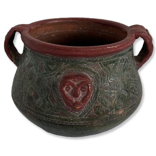 VASE-Green Ceramic Vase w/Engravings & Red Face Detailing