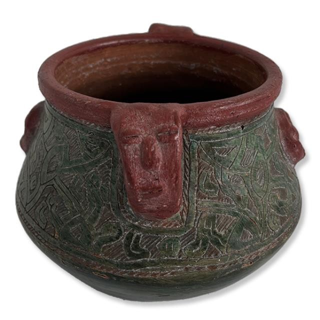 VASE-Green Ceramic Vase w/Engravings & Red Face Detailing