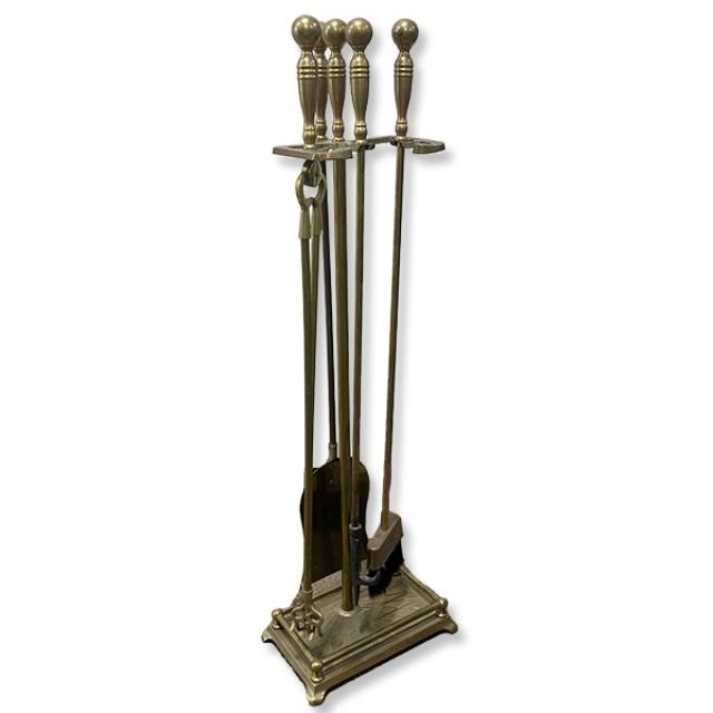 FIREPLACE TOOLS-Set-Brass Stand w/4 Tools & Rectangular Base